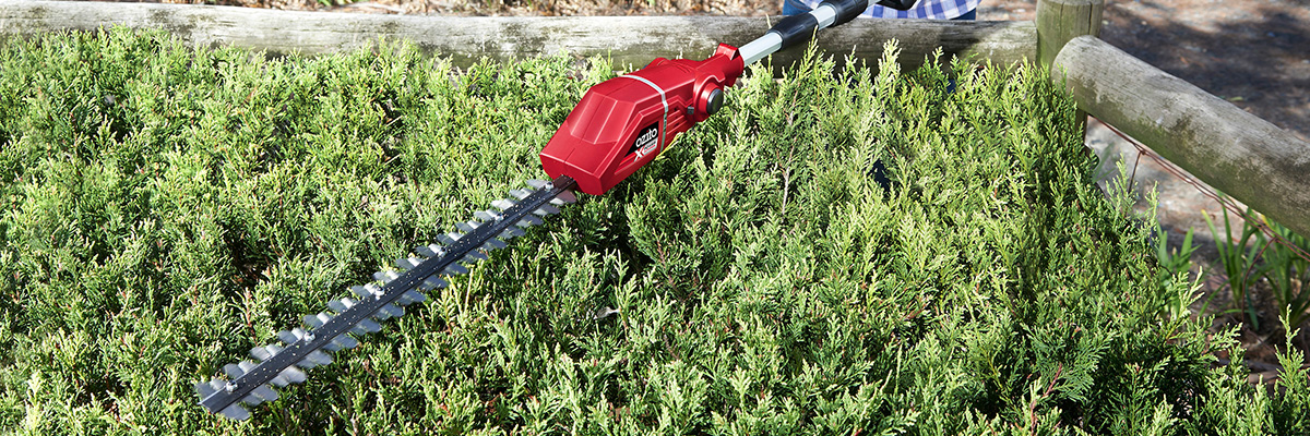 Working with a battery powered telescopic hedge saw